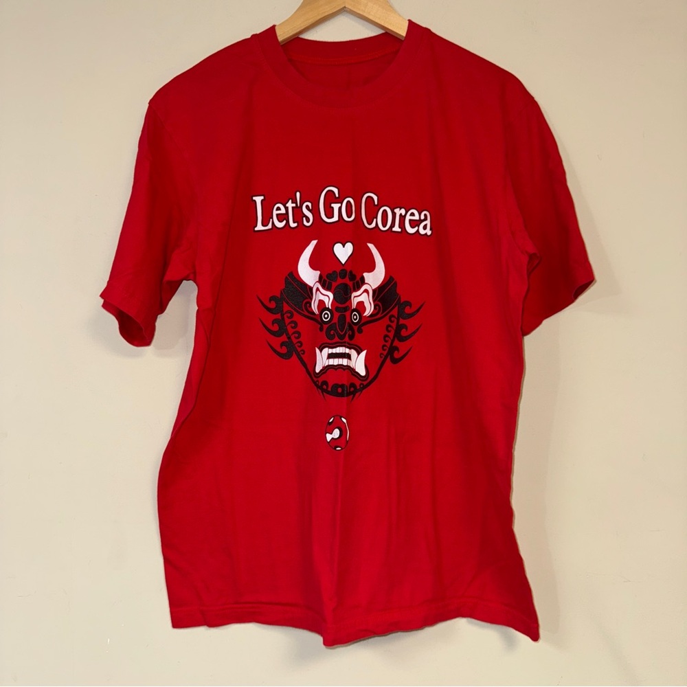 Red Let’s Go Corea Soccer TShirt Mens Medium Devil Logo South Korea Short Sleeve